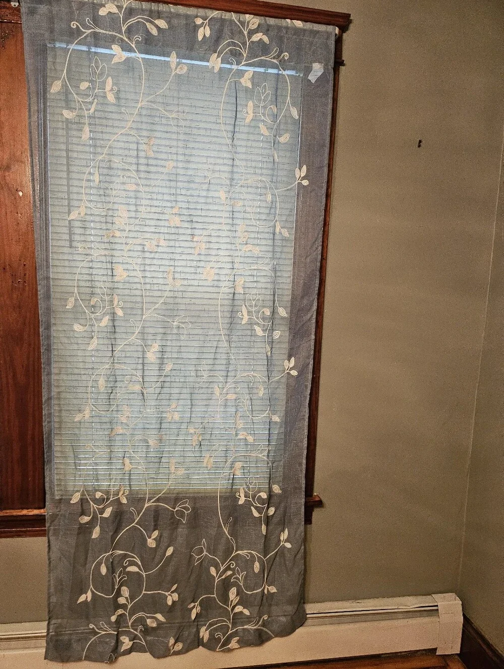 Light Blue Sheer Curtain Panel with Cream Vine Embroidery - Home Accents